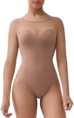 SHAPERX Women's Mesh Bodysuit Long Sleeve Crew Neck Sheer Tops Fit Everybody Body Suits SHAPERX