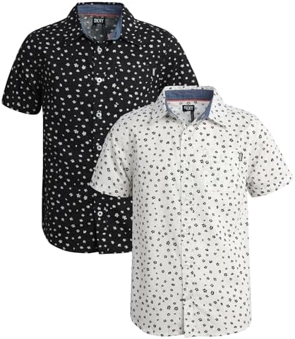 DKNY Boys' Button Down Shirt - 2 Pack Casual Short Sleeve Woven Shirt - Kids' Collared Shirt for Boys (8-20) DKNY