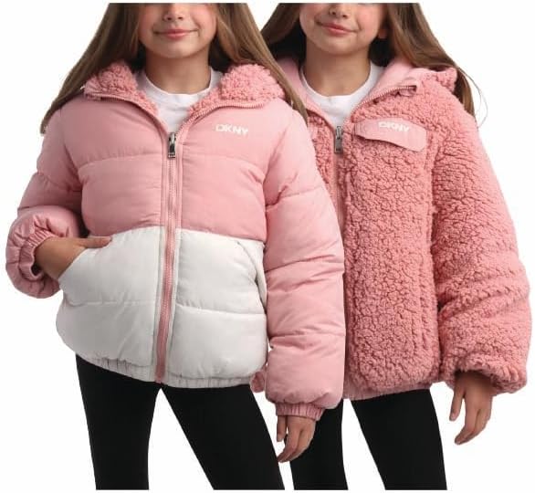 DKNY Girls' Reversible Puffer Jacket - Quilted Bubble to Sherpa Hooded Winter Coat - Warm Outerwear Jackets for Girls (7-16) DKNY