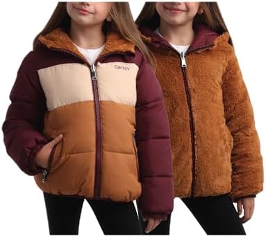 DKNY Girl's Puffer Jacket - Cozy Full Zip Up Girls Fashion Hoodie - Reversible Fur Hooded Puffer Jacket for Girls (7-16) DKNY