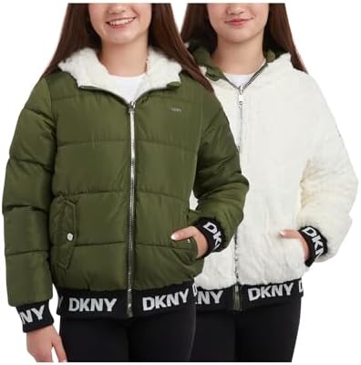 DKNY Girls' Hooded Puffer Jacket - Insulated Reversible Faux Fur Bomber Winter Coat - Quilted Outerwear for Girls (7-16) DKNY