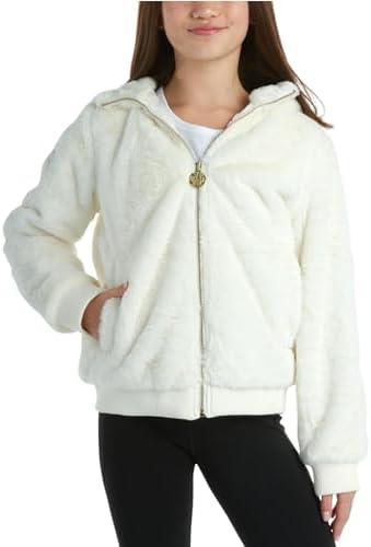 DKNY Girls' Winter Jacket - Full Zip Up Faux Fur Sherpa Girl's Bomber Jacket - Warm Hooded Teddy Coat for Girls (7-16) DKNY