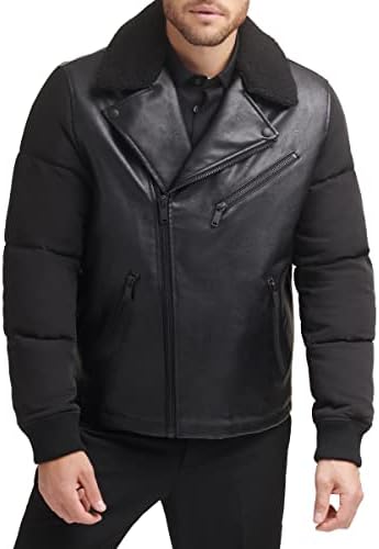 DKNY Mens Mixed Media Faux Leather with Puffer Sleeves DKNY