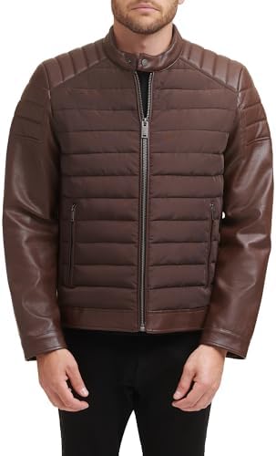 DKNY Men's Mixed Media Faux Leather Puffer Motocros Racer Jacket DKNY