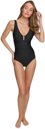 DKNY Women's V-Neck Ring One Piece Swimsuit DKNY