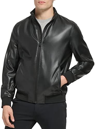 DKNY Mens Modern Knit Collar Bomber Jacket, Black Microsuede DKNY