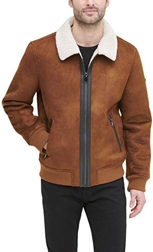 DKNY Men's Shearling Bomber Jacket with Faux Fur Collar DKNY