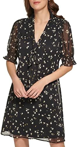 DKNY Women's Fit and Flare Short Sleeve Tie Neck Dress DKNY