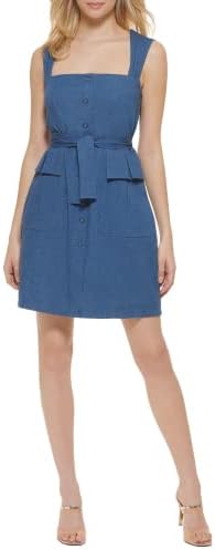 DKNY Women's Washed Denim Sleeveless Tie Waist Dress DKNY