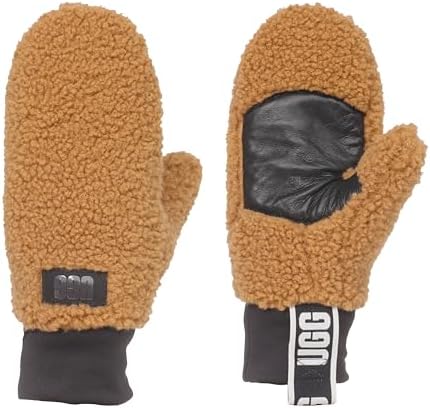 UGG Women's UGGFluff Logo Tape Mittens - Soft Polyester Body, Leather Palm Patch UGG