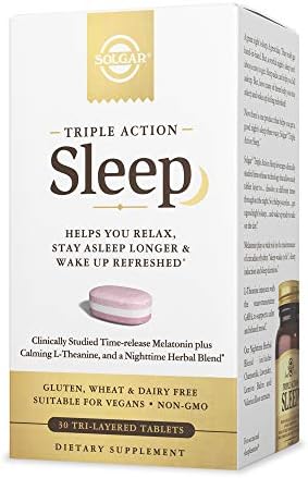 Solgar Triple Action Sleep, 30 Tri-Layer Tablets - Time-Release Melatonin & L-Theanine Plus Herbal Blend - Helps You Relax, Fall Asleep Fast & Stay Asleep Longer - Non-GMO, Gluten Free - 30 Servings Solgar