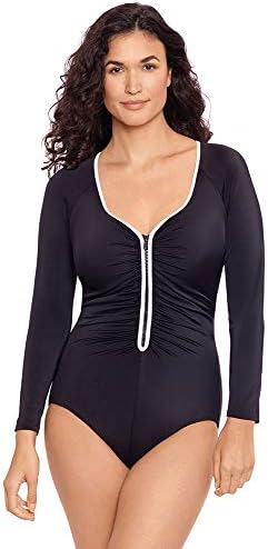 Reebok Women's Swimwear Long Sleeve Colorblock Zipper Front Rashguard One Piece Swimsuit Reebok