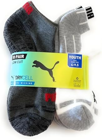 PUMA Boy's Low Cut Socks, 10 pair, Fits Youth Shoe Sizes 4-9.5 PUMA