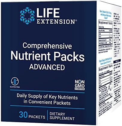 Life Extension Comprehensive Nutrient Packs Advanced, Curcumin, Fish Oil, multivitamin, CoQ10, multis and Supplements, 30 on-The-go Packets, Gluten-Free, Non-GMO Life Extension