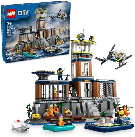 LEGO City Police Prison Island Toy Building Set, Birthday Gift for Boys and Girls Ages 7 Plus, Imaginative Play, Helicopter Toy, Boat Toy and Dinghy, 7 Minifigures with Dog and Shark Toy, 60419 Lego