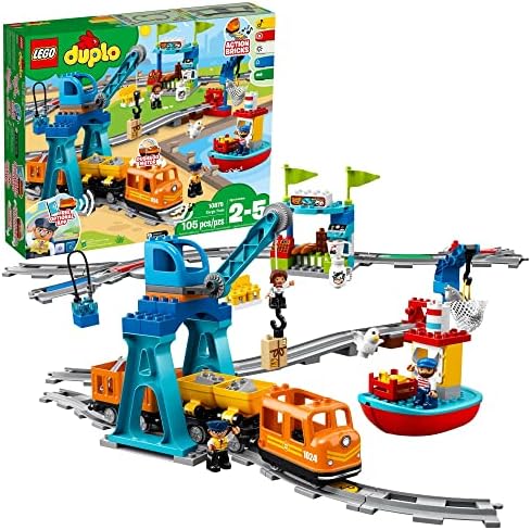 LEGO DUPLO Town Cargo Train Set - Push & Go Motor Train Toy for Toddlers - Preschool Learning Toy for Boys & Girls Ages 2-5, Includes Sound & Light, Moving Crane - Gift for Birthdays - 10875 Lego