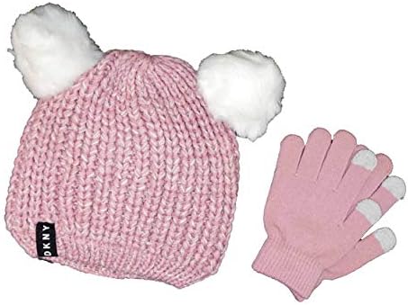 DKNY Girls' Knit Beanie Hat w/Double Pompom Ears with Gloves (7-16, Femme) DKNY