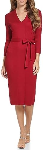 DKNY Women's Tie Waist Sweater V-Neck Dress DKNY