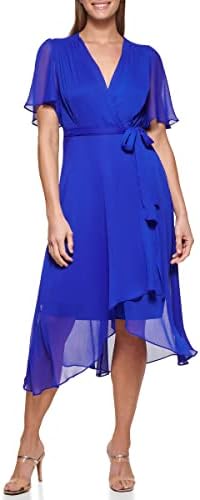 DKNY Women's Double Ruffle Sleeve Asymmetrical Hem Faux Wrap Dress DKNY