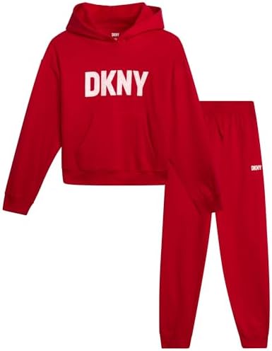 DKNY Girls' Jogger Set - 2 Piece Cozy Fleece Pullover Hooded Sweatshirt and Sweatpants for Girls - Girls Active Set (12M-16) DKNY