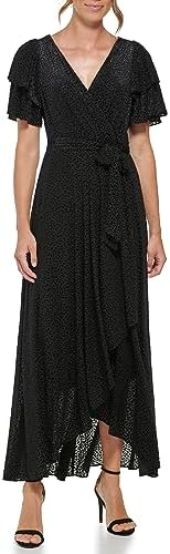 DKNY Women's Velvet Burnout Faux Wrap V-Neck Dress DKNY