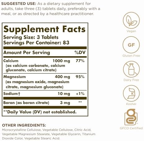 Кальций, магний и бор 250 таблеток - не ГМО, веганский, без глютена и молочных продуктов, 166 порций Solgar
