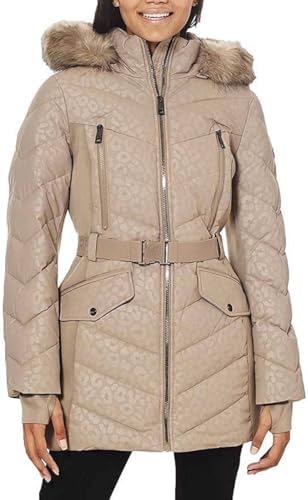 Michael Michael Kors Women's Logo Lepaord Belted Hood Puffer Coat Taupe Animal (l) Michael Kors