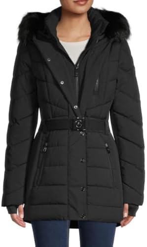 Michael Michael Kors Women's Active Belted Puffer with Faux Fur Trim Hood Black (US, Alpha, Large, Regular, Regular) Michael Kors