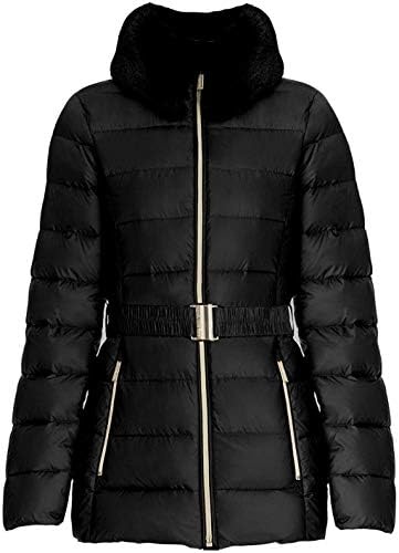 Michael Kors Women's Black Faux fur Collar Belted Lightweight Puffer Coat Michael Kors