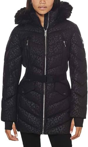 Michael Michael Kors Women's Logo Leopard Belted Hood Puffer Coat Black Animal (S) Michael Kors