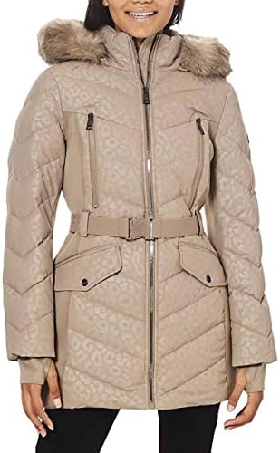 Michael Michael Kors Women's Logo Lepaord Belted Hood Puffer Coat Taupe Animal (M) Michael Kors