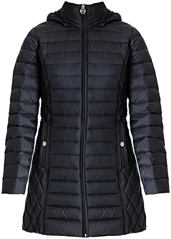 Michael Michael Kors Women's Black Hooded Down Packable Jacket Coat with Removable Hood 3/4 Length Long Michael Kors