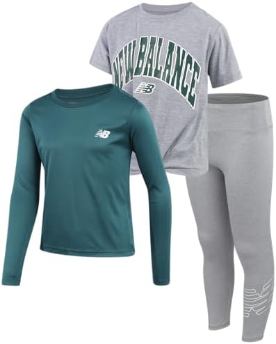 New Balance Girls' Tees and Leggings Set - 3 Piece Short and Long Sleeve T-Shirts and Performance Leggings for Girls (7-16) New Balance