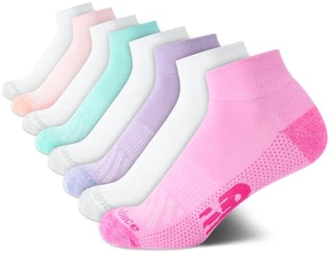 New Balance Girls' Quarter Socks - 8 Pack Active Cushion Comfort Quarter Cut Ankle Socks - Athletic Socks for Girls (4-12) New Balance