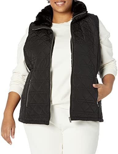 Calvin Klein Women's Plus Size Silver Hardwear Quilted Cozy Fur Collar Everyday Vest Calvin Klein