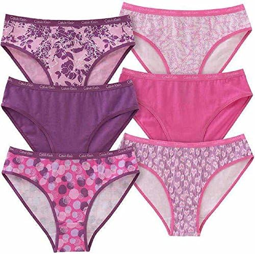 Calvin Klein Girls Graphic Bikini Panty Underwear Comfort stretch- 6 Pack (X-Large, New 2017-Assorted,Prints -Solid Pink/Purple) Calvin Klein