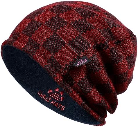 Winter Beanie Hat for Men Women Fleece Lined Thick Warm Plaid Knitted Skull Beanie Reversible Outdoor Windproof Ski Watch Cap Lvaiz Hats