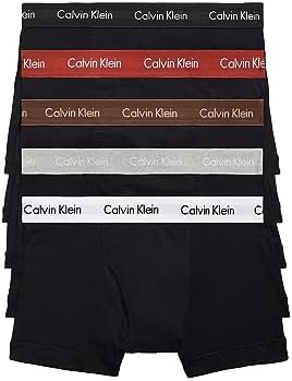 Calvin Klein Men's Cotton Classics 5-Pack Trunk, Black with Atlantic Deep/Cinnabar/Grey Heather/Bel Air Blue/Blueberry Waistband, xl Calvin Klein