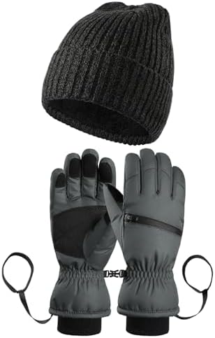 Ski Gloves Beanie Hat Set: Waterproof Snow Gloves Knit Lined Hat Set for Cold Weather Snowboard Gloves for Men Women Braventure