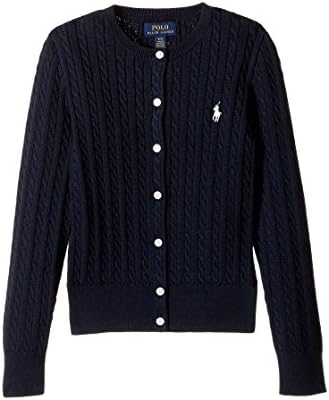 Polo Ralph Lauren Kids Girl's Cable Knit Cotton Cardigan (Little Kids/Big Kids) Hunter Navy/French Pink Pony Player SM (7 Little Kids) Polo Ralph Lauren