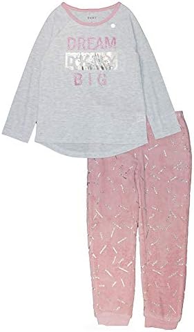 DKNY Big Girls Two-Piece Pajama Set with Plush Fleece Pajama Pant (12, Heather Grey/Pink) DKNY