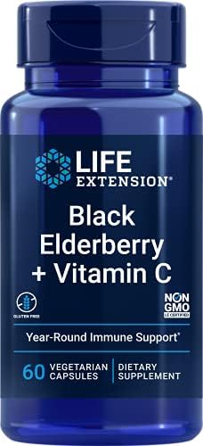 Life Extension Black Elderberry + Vitamin C, Everyday Immune Support from Elderberry & Vitamin C, Gluten Free, Non-GMO, Vegetarian, 60 Capsules Life Extension