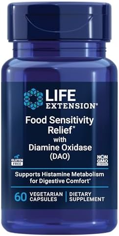 Life Extension Food Sensitivity Relief with Diamine Oxidase (DAO), Occasional Gas, Digestive Comfort, histamine Sensitivity, DAO Enzyme Supplement, Gluten Free, Non-GMO, Vegetarian, 60 Capsules Life Extension