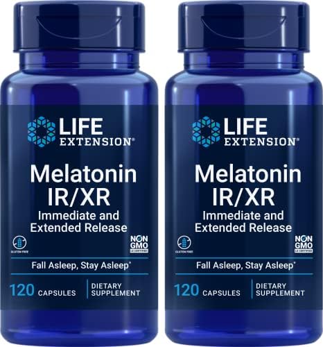 Life Extension Melatonin IR/XR, 120 Capsules (Pack of 2) - Immediate & Extended-Release for 7 Hours Support - Night Time Supplement - Stay Asleep All Night Long - Non-GMO, Gluten-Free Life Extension