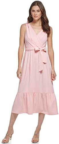 DKNY Women's Ruffle Hem Self Tie Belt V Neck Dress DKNY