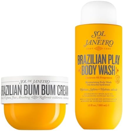 SOL DE JANEIRO Brazilian Bum Bum Cream and Brazilian Play Moisturizing Shower Cream Gel Body Wash Full Size Bundle Sol de Janeiro