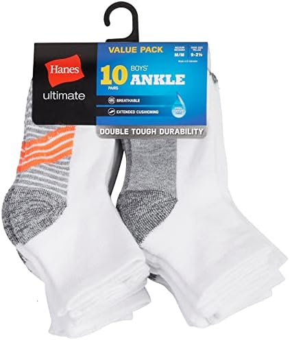 Hanes Boys Ultimate Ankle And No Show Performance Sport Socks, 10-pair Packs Fashion-liner-socks, White/Grey Bottom, Medium US Hanes