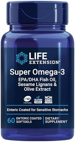 Life Extension Super Omega-3 EPA/DHA Fish Oil, Sesame Lignans & Olive Extract – Heart Health, Brain Health, Inflammation Health Support, Gluten-Free, Enteric-Coated, Non-GMO, 60 Softgels Life Extension