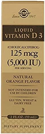 SOLGAR Liquid Vitamin D3 125 mcg (5,000 IU) - 2 fl oz - Delicious, Natural Orange Flavor - Helps Maintain Healthy Bones & Teeth - Immune System Support - Gluten Free, Dairy Free, Kosher - 59 Servings Solgar