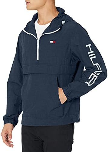 Tommy Hilfiger Men's Retro Lightweight Taslan Hooded Popover Water Resistant Windbreaker Jacket Tommy Hilfiger